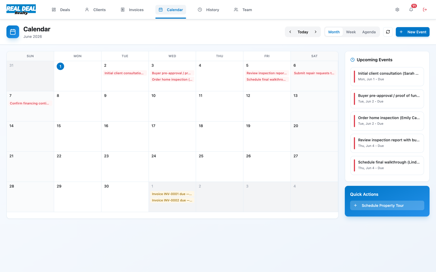 Real Deal calendar in month view with showings, task due dates, and invoice events, beside the invoicing list