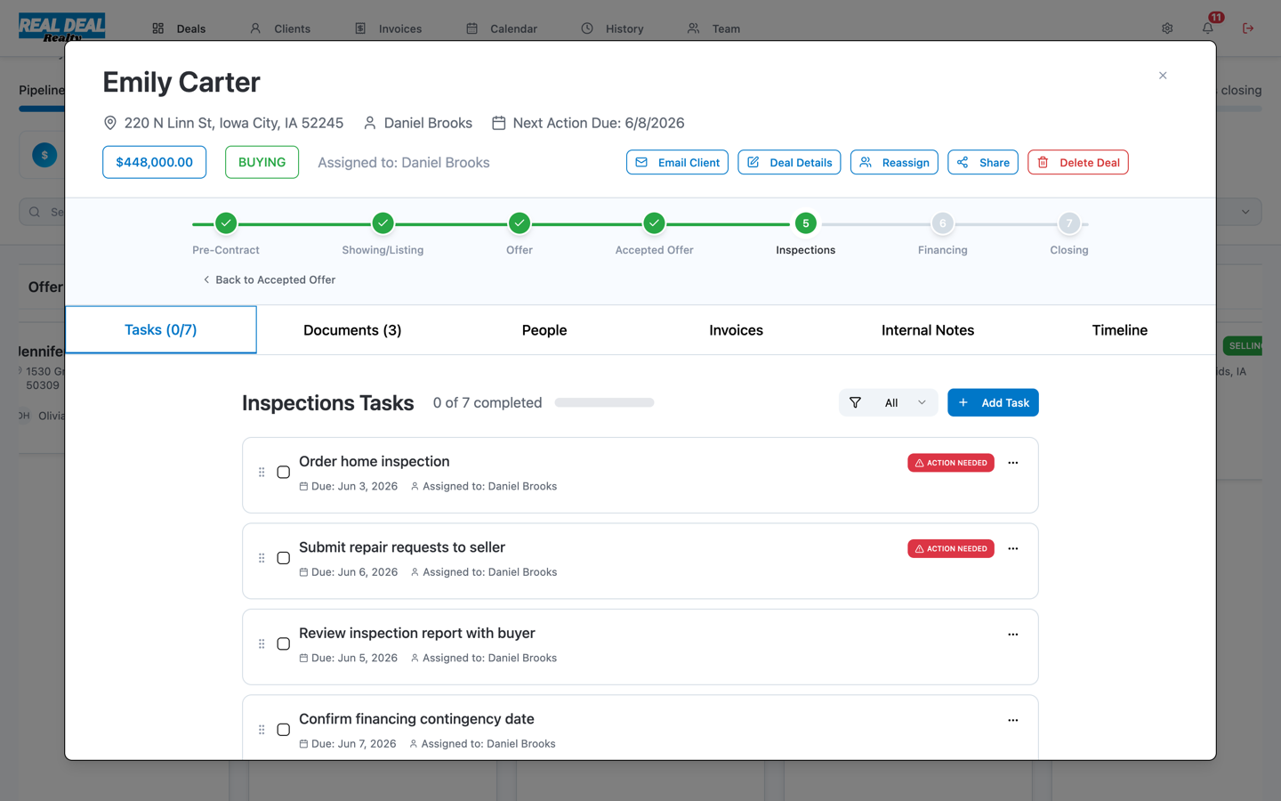 Real Deal deal workspace showing a stage task checklist alongside the deal's activity timeline