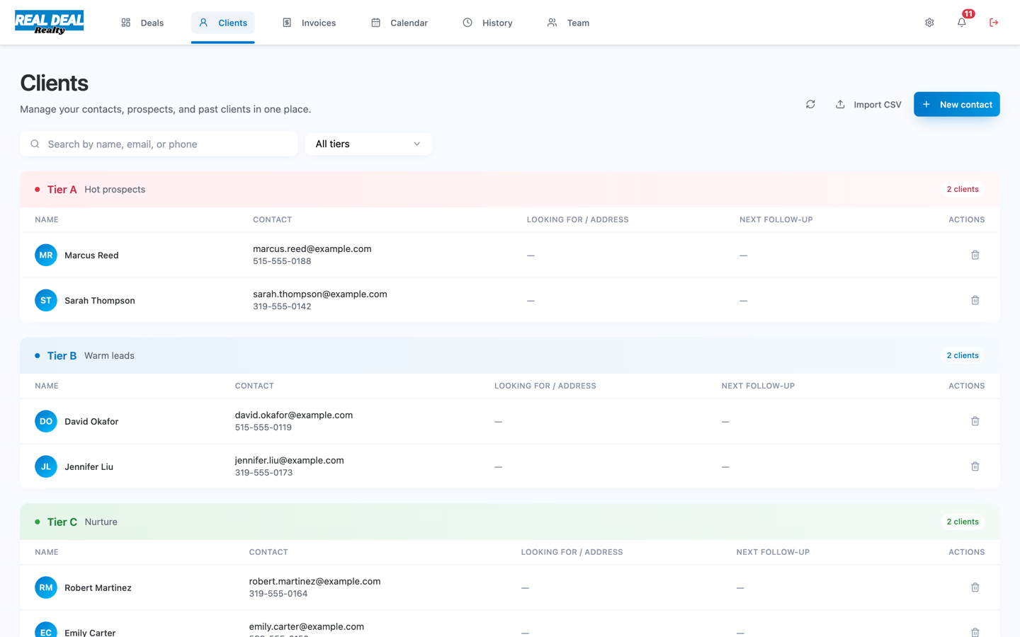 Real Deal CRM showing client contacts grouped into Hot, Warm, Nurture, and Long-term tiers