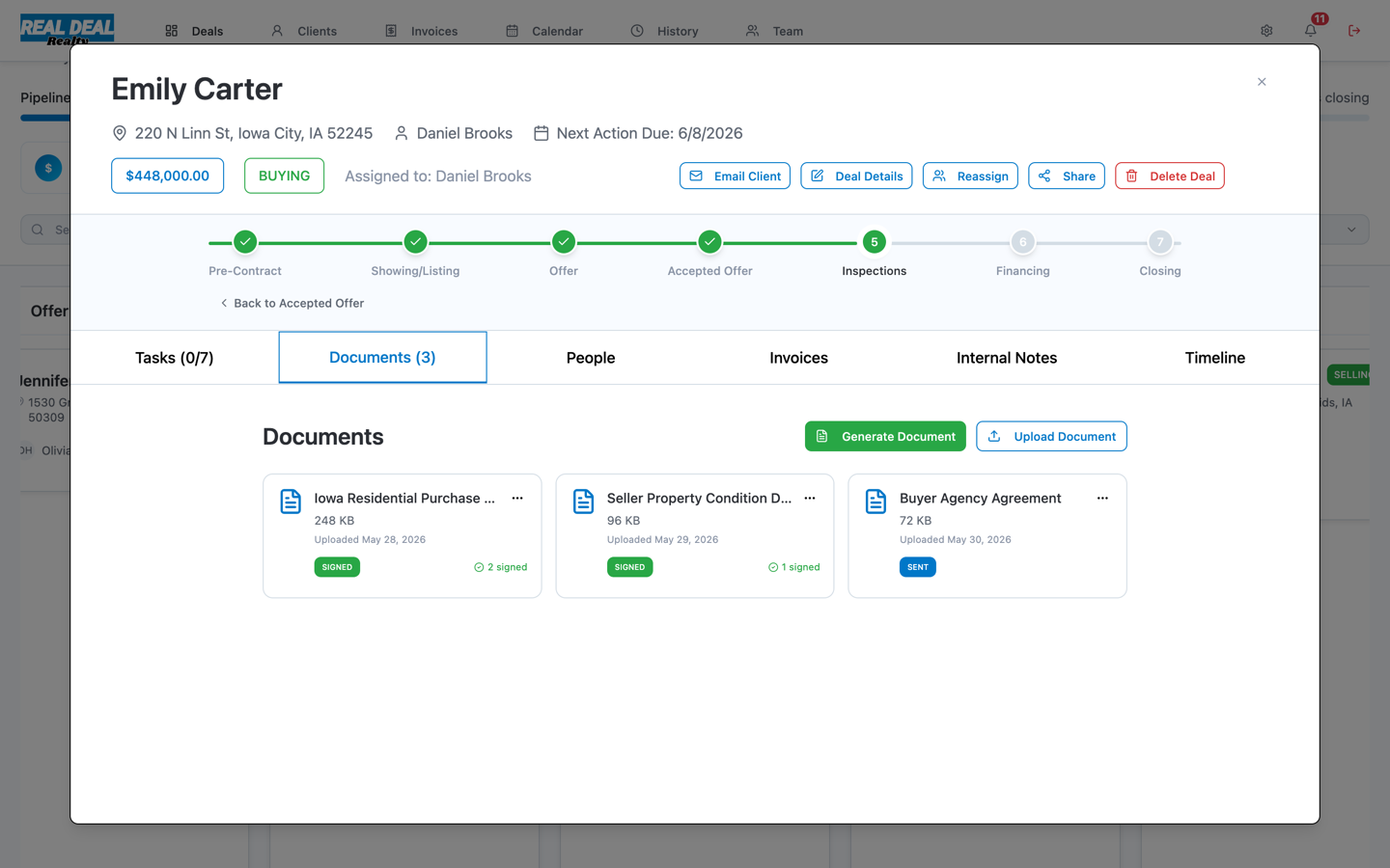 Real Deal deal workspace with a contract auto-filled from the deal's data, ready to send for e-signature